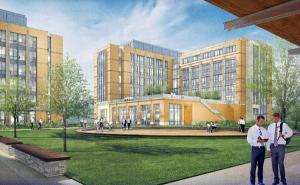 exterior rendering looking at buildings